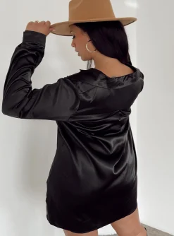 Princess Polly 90210 Satin Shirt Mini Dresscurve Black Flash Sale