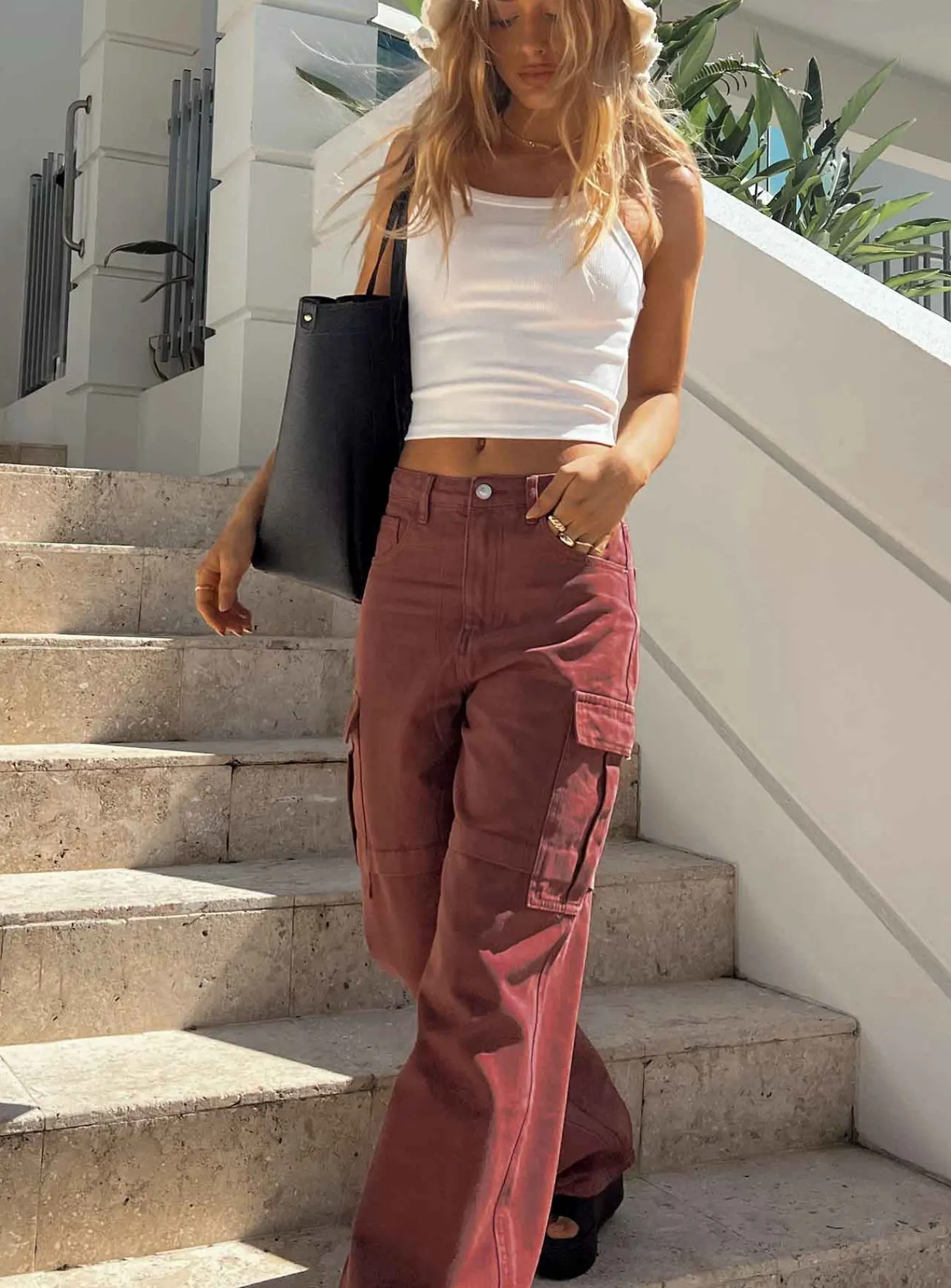 Princess Polly Addy Wide Leg Cargo Jeans Burgundy Outlet