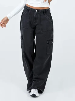Princess Polly Adrianne Wide Leg Cargo Jeans  Black Hot