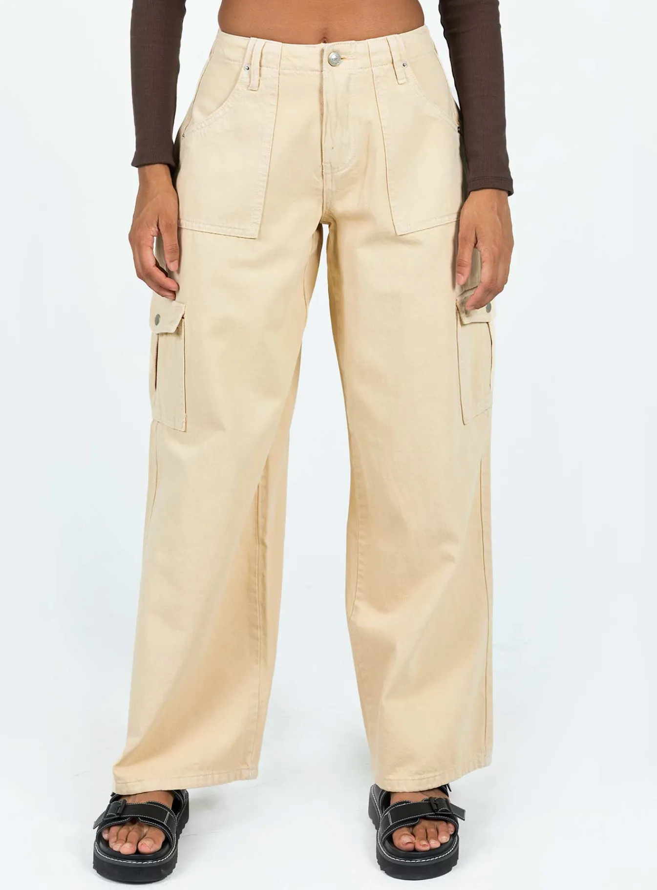 Princess Polly Adrianne Wide Leg Cargo Jeans Stone Beige Cheap
