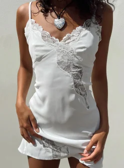 Princess Polly Agnola Lace Trim Mini Dress  White Outlet