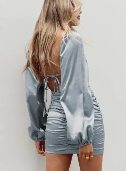Princess Polly Alaina Long Sleeve Mini Dress Blue New