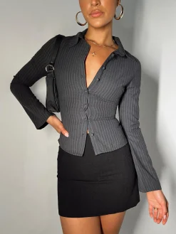 Princess Polly Anni Pinstripe Shirt  Black Cheap