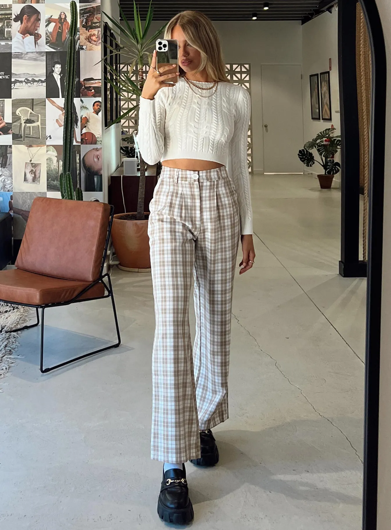 Princess Polly Archer Pants Beige Plaid Online