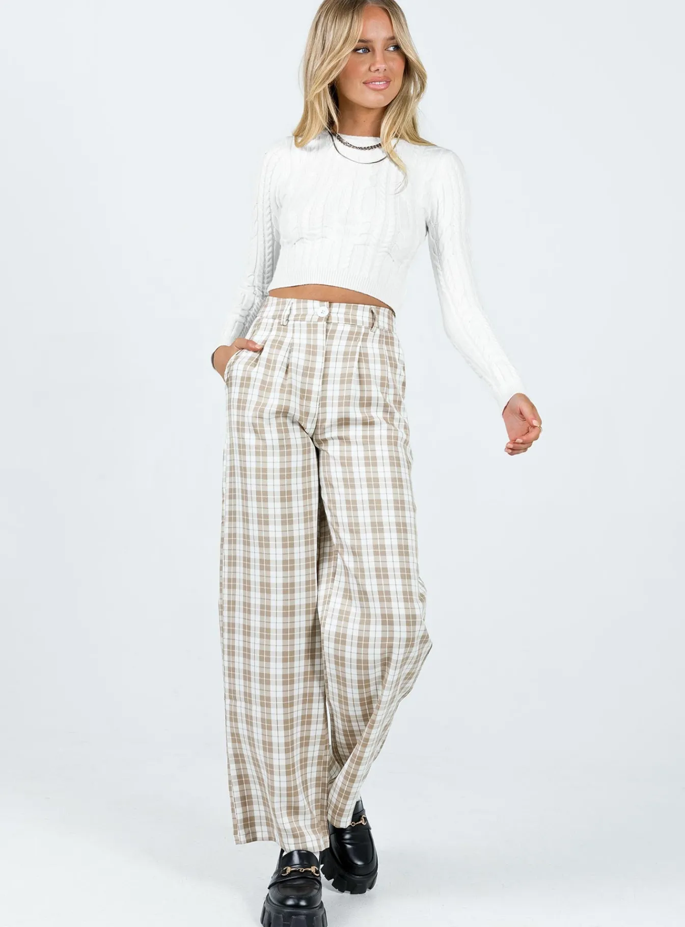 Princess Polly Archer Pants Beige Plaid Online