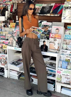 Princess Polly Archer Pants Dark Brown Sale