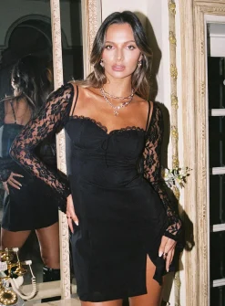 Princess Polly Ashwood Lace Sleeve Mini Dress  Black Clearance