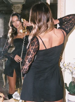 Princess Polly Ashwood Lace Sleeve Mini Dress  Black Clearance