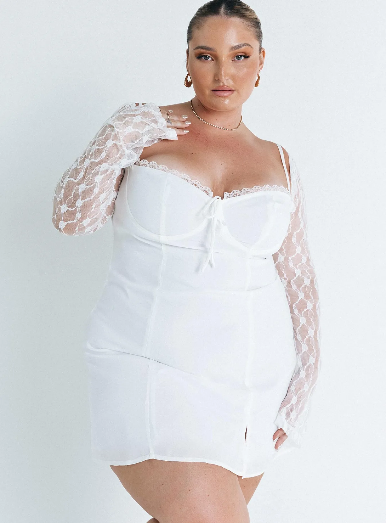 Princess Polly Ashwood Lace Sleeve Mini Dresscurve White Cheap
