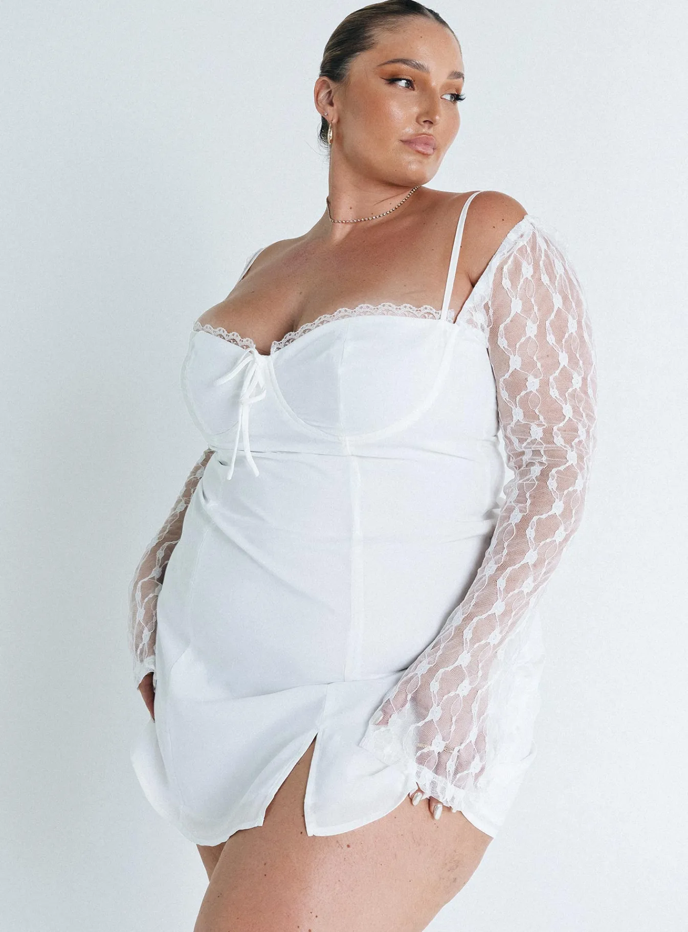 Princess Polly Ashwood Lace Sleeve Mini Dresscurve White Cheap