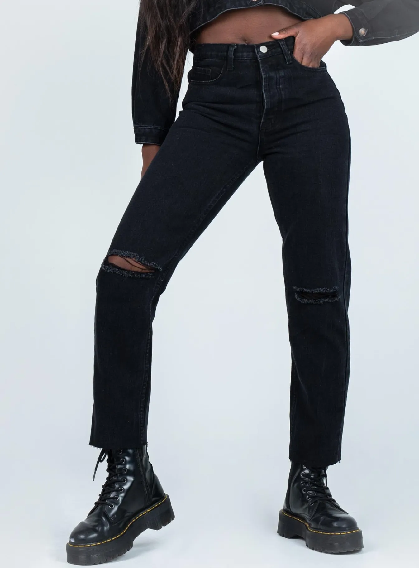 Princess Polly Attica Knee Rip Denim Jeans Black Cheap