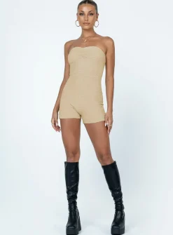 Princess Polly Ava Strapless Romper Beige Clearance