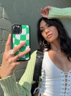Princess Polly Avenue Check Textured Iphone Case/ White   Green Best Sale