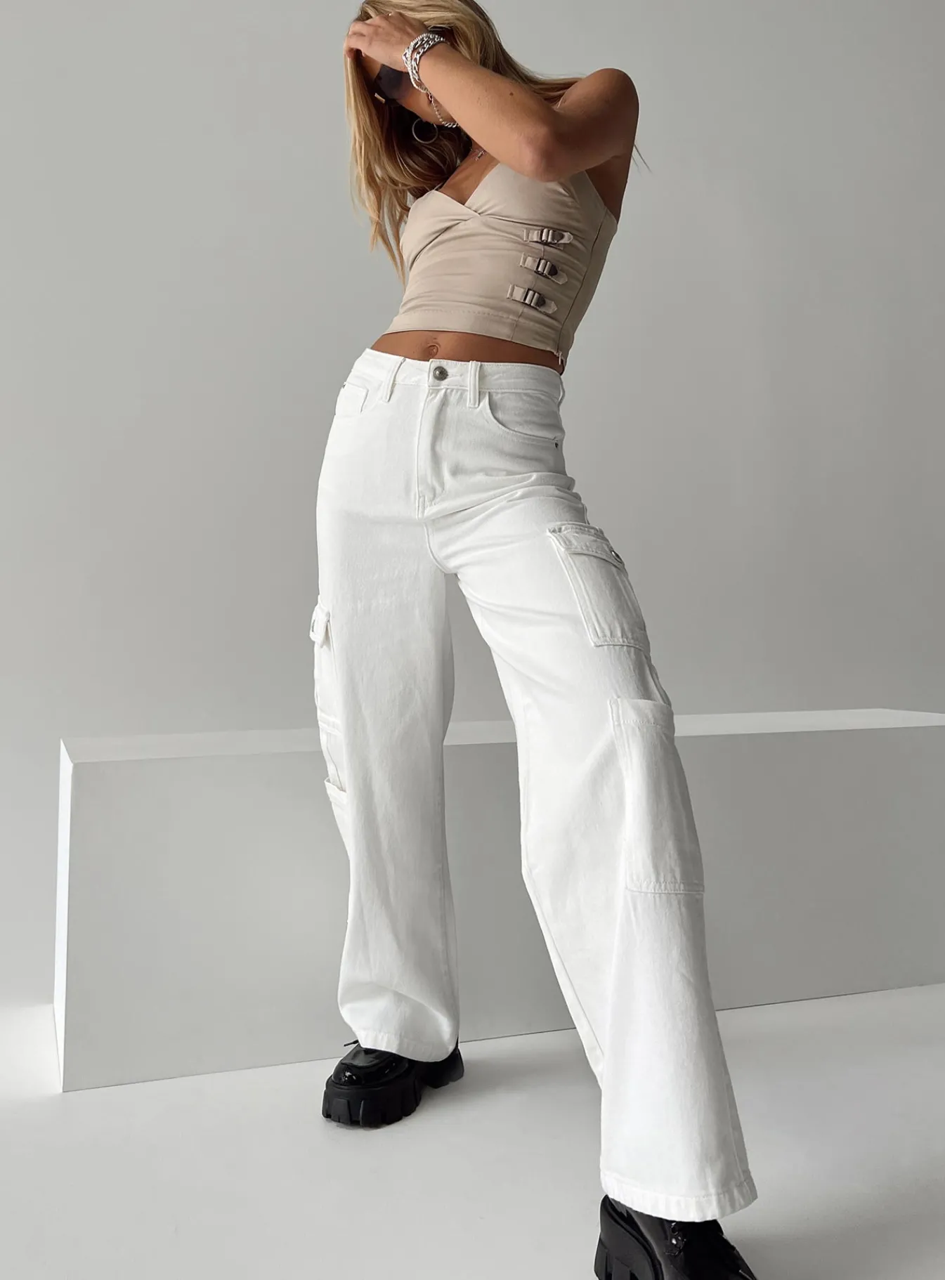 Princess Polly Barbara Cargo Jeansdenim White Fashion