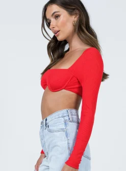 Princess Polly Becca Long Sleeve Crop Top  Red Flash Sale