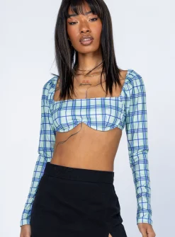 Princess Polly Becca Long Sleeve Crop Top  Green Check Online