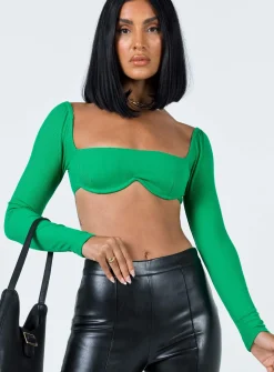 Princess Polly Becca Long Sleeve Crop Top Green Clearance