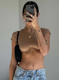 Princess Polly Becca Short Sleeve Crop Top Beige Cheap