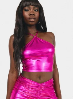 Princess Polly Beden Shimmer Halter Top  Pink Discount