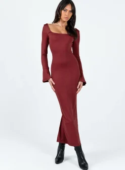Princess Polly Belfa Long Sleeve Maxi Dress Burgundy Best Sale