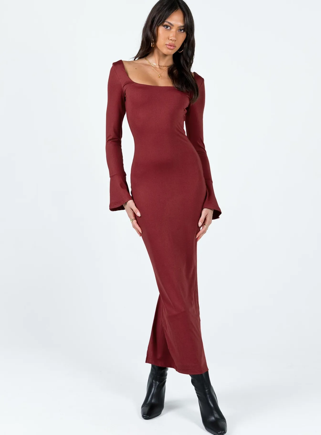 Princess Polly Belfa Long Sleeve Maxi Dress Burgundy Best Sale