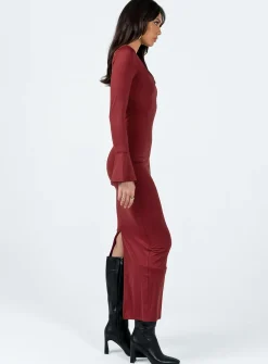 Princess Polly Belfa Long Sleeve Maxi Dress Burgundy Best Sale