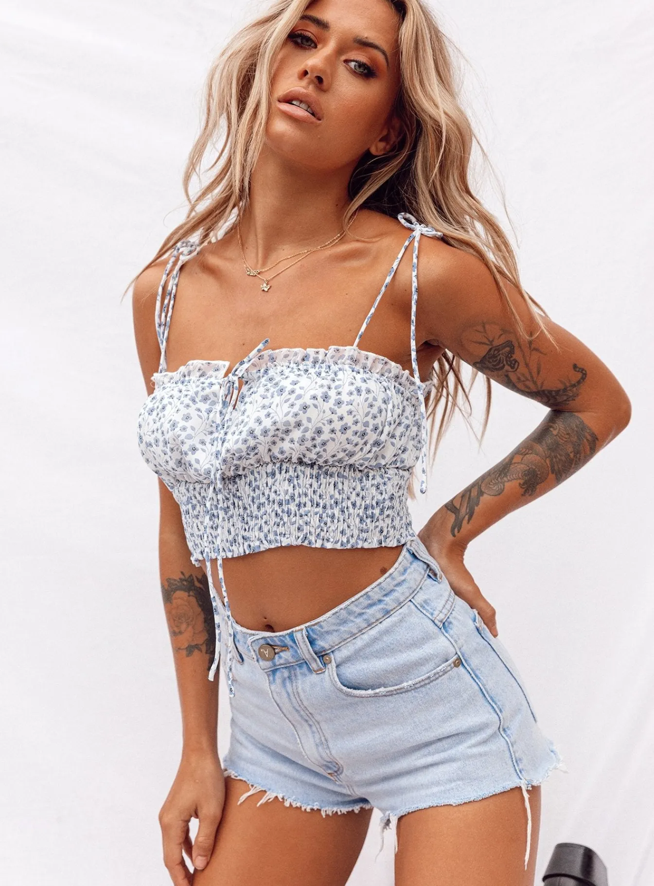 Princess Polly Benita Top White/Blue Best Sale
