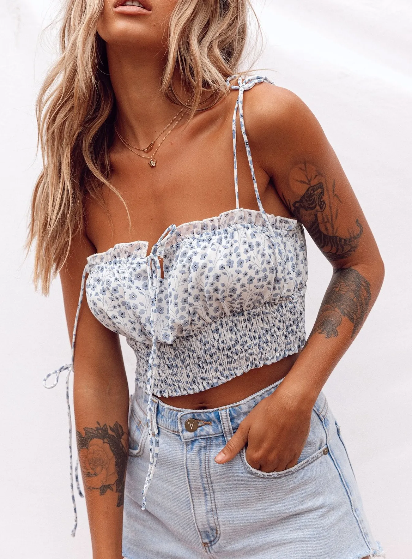Princess Polly Benita Top White/Blue Best Sale