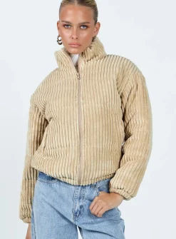 Princess Polly Benli Cord Puffer Jacket  Beige Flash Sale