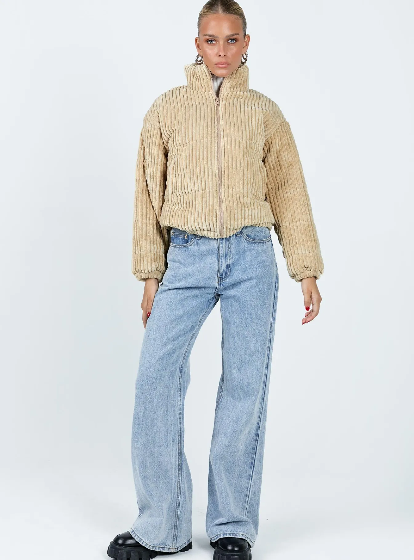 Princess Polly Benli Cord Puffer Jacket Beige Flash Sale