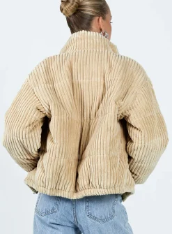Princess Polly Benli Cord Puffer Jacket Beige Flash Sale