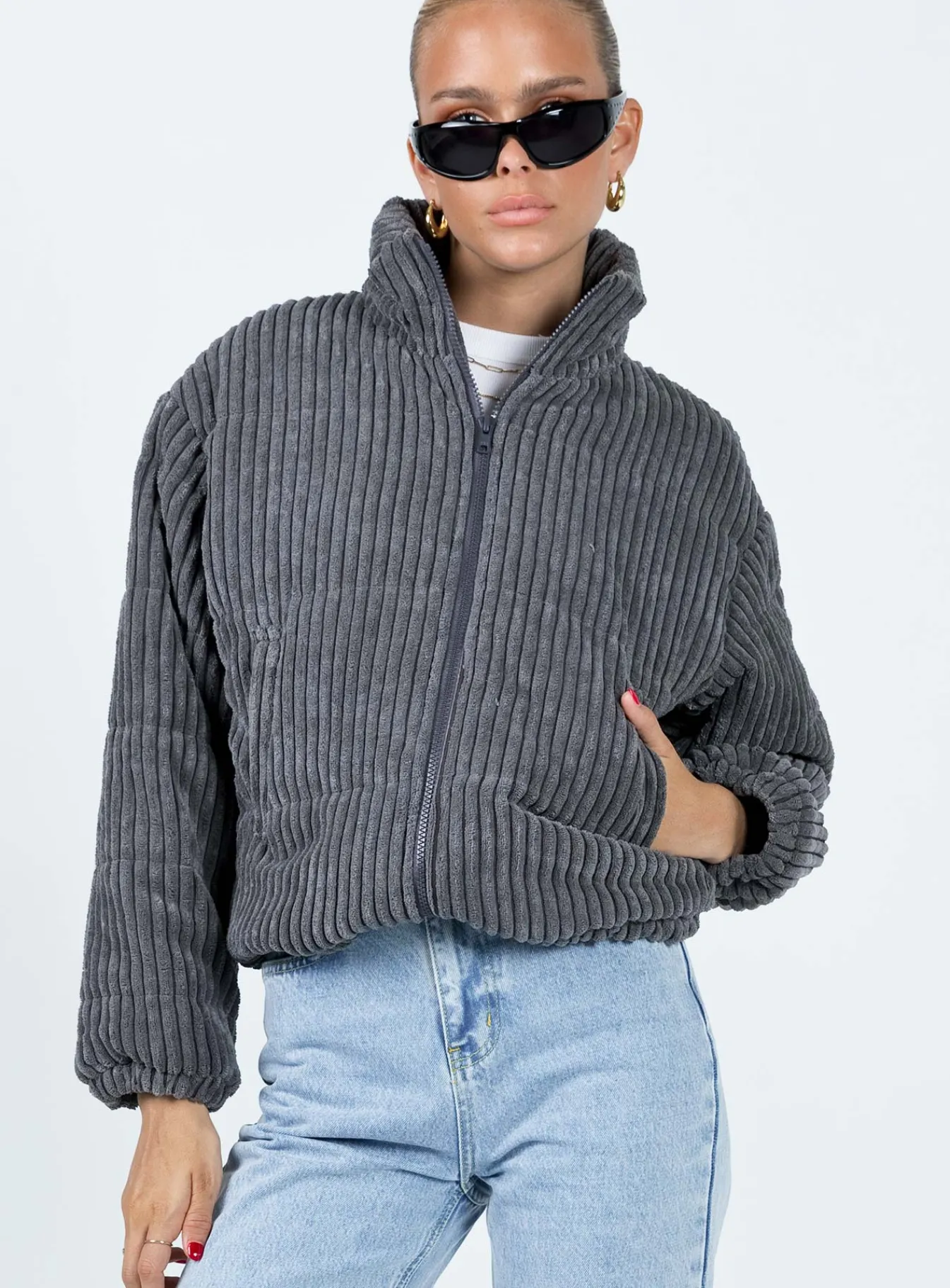 Princess Polly Benli Cord Puffer Jacket Slate Fashion