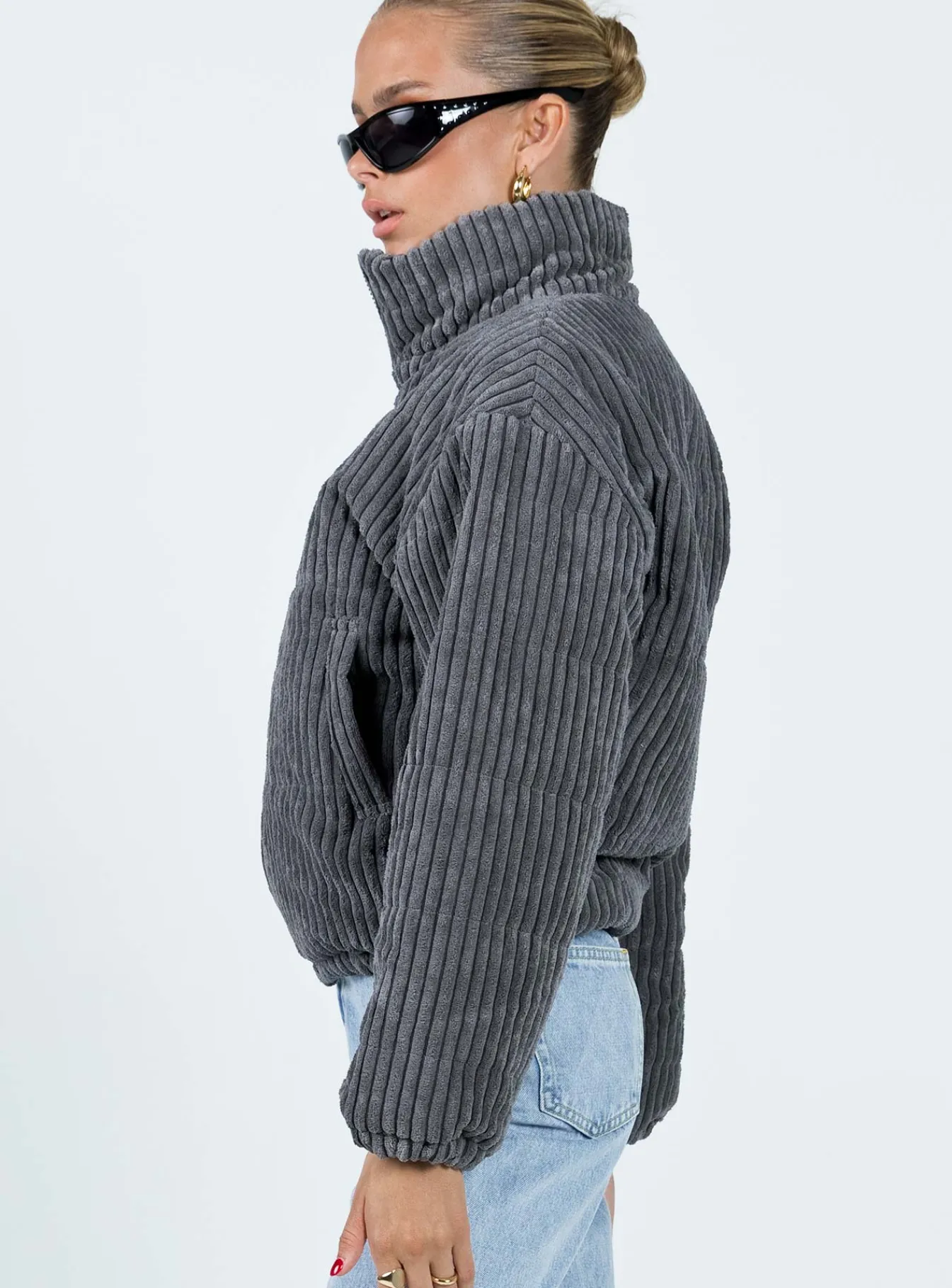 Princess Polly Benli Cord Puffer Jacket Slate Fashion
