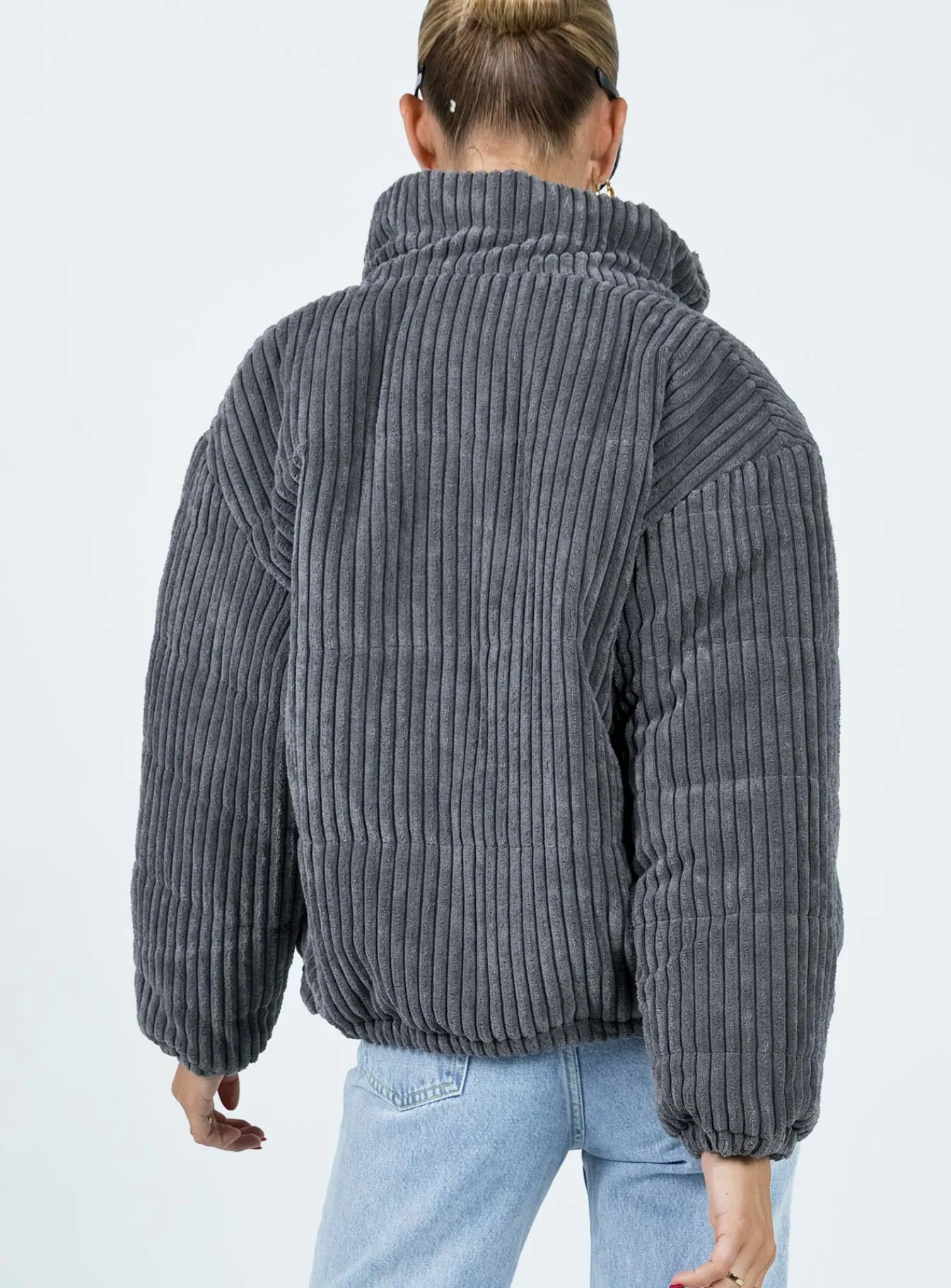 Princess Polly Benli Cord Puffer Jacket Slate Fashion