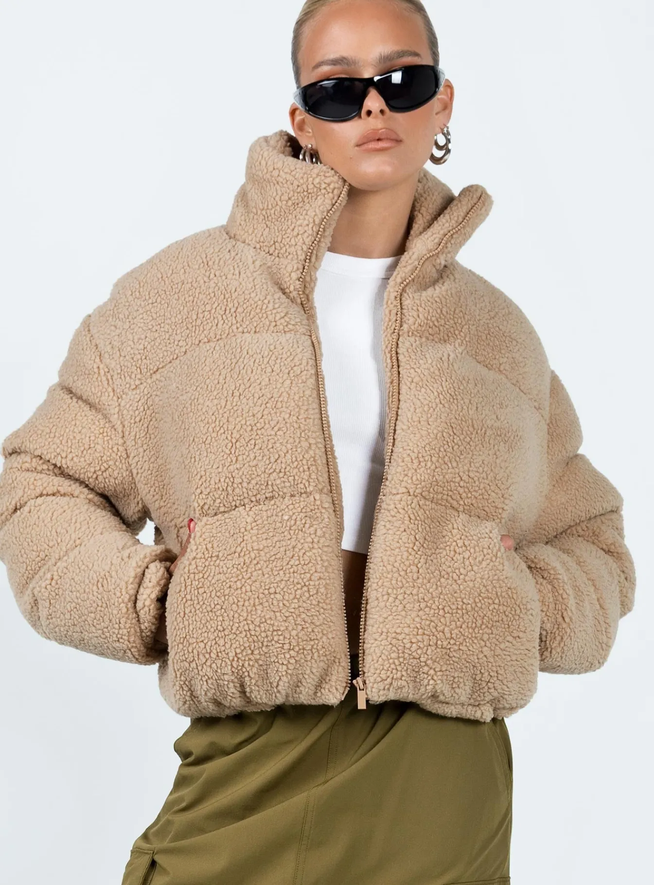 Princess Polly Bennie Teddy Puffer Jacket Beige Cheap