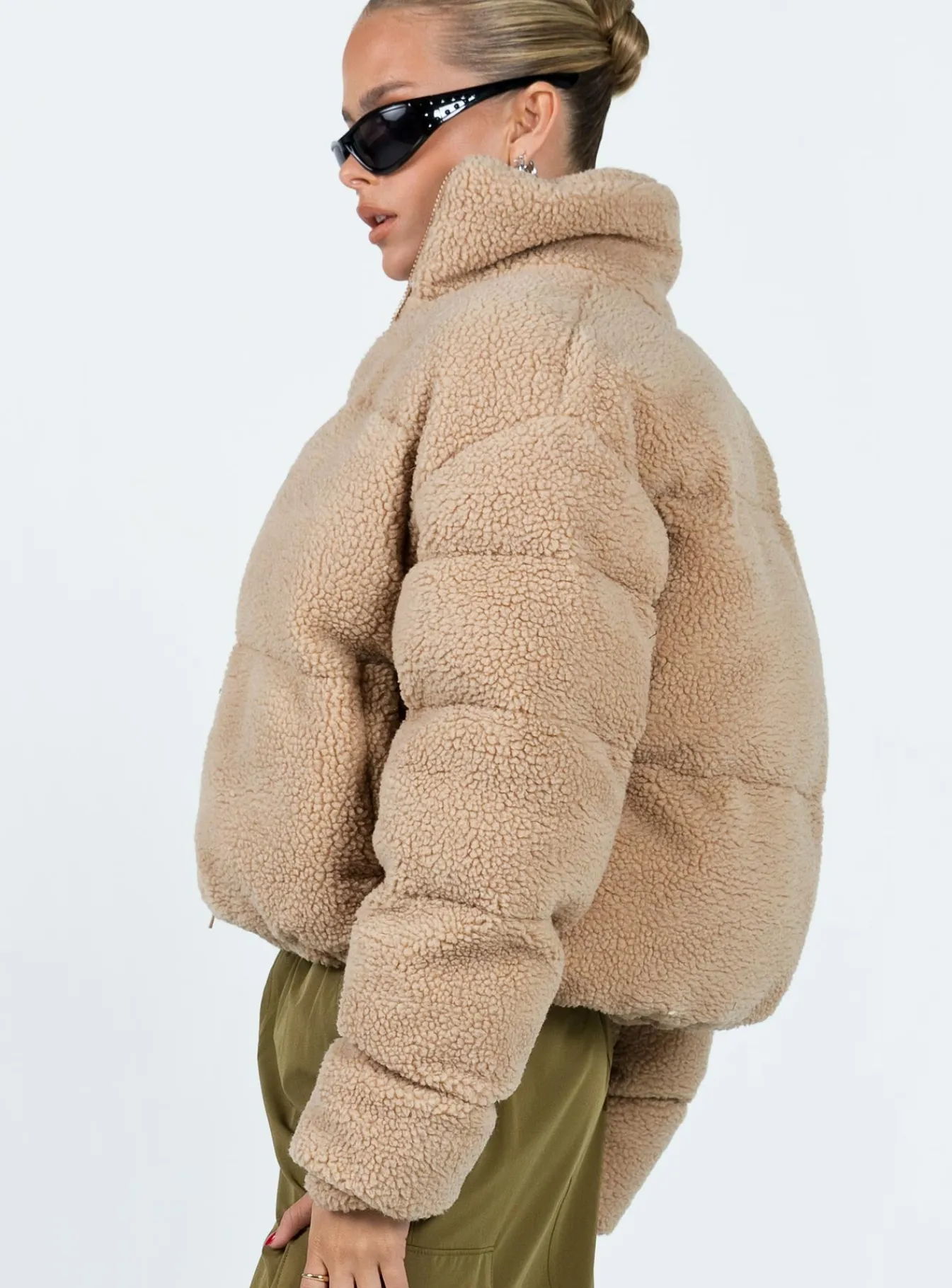 Princess Polly Bennie Teddy Puffer Jacket Beige Cheap