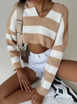 Princess Polly Benson Cropped Sweater  Beige/White Online