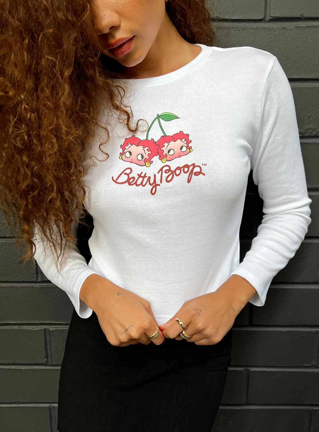 Princess Polly Betty Boop Cherry Girl Long Sleeve Top White Clearance