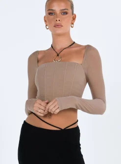 Princess Polly Beverly Long Sleeve Top  Beige Fashion