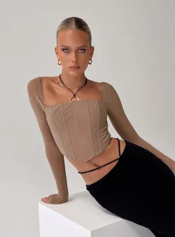 Princess Polly Beverly Long Sleeve Top Beige Fashion