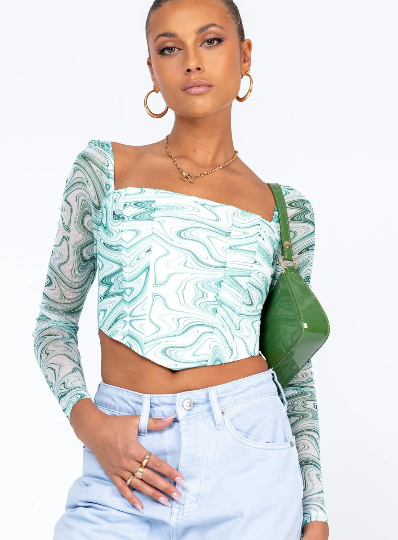 Princess Polly Beverly Long Sleeve Top/ White Green Flash Sale