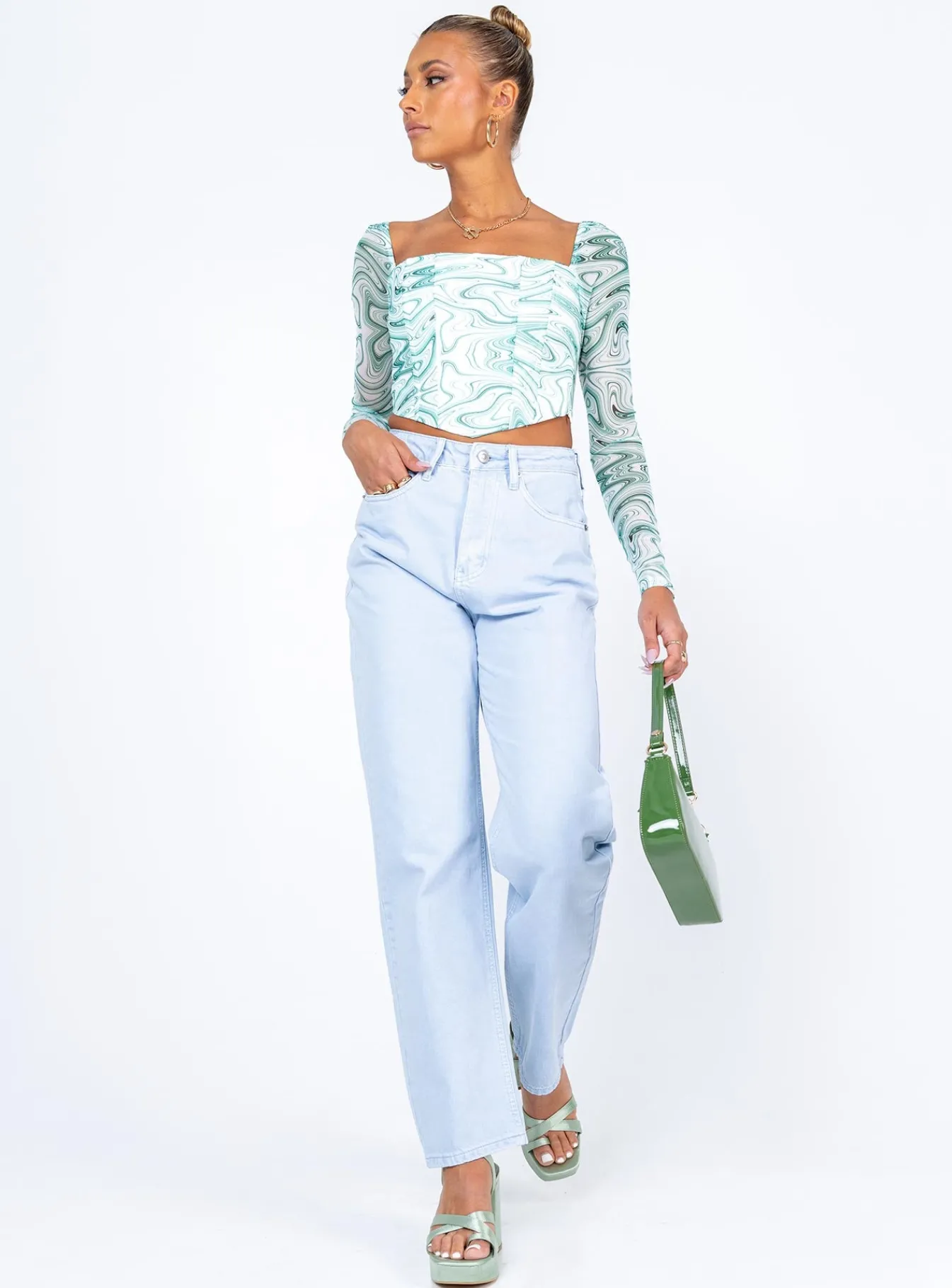 Princess Polly Beverly Long Sleeve Top/ White Green Flash Sale