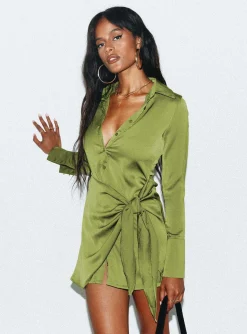 Princess Polly Bodeni Long Sleeve Mini Dress  Green Outlet