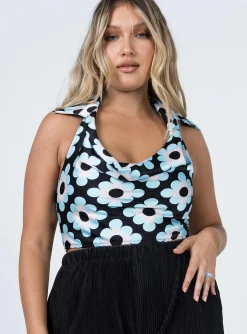 Princess Polly Botanic Sky Halter Top  Blue Clearance
