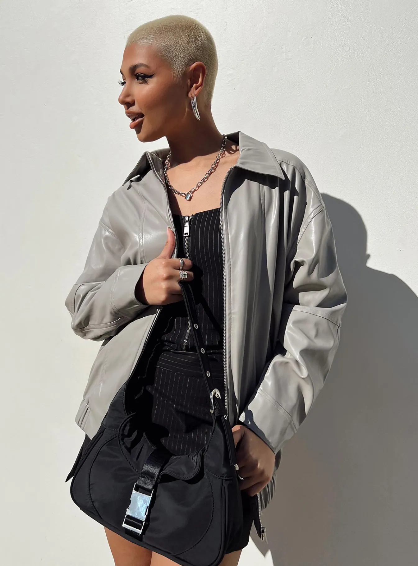 Princess Polly Braelynn Faux Leather Bomber Jacket Grey Clearance