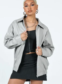 Princess Polly Braelynn Faux Leather Bomber Jacket  Grey Clearance