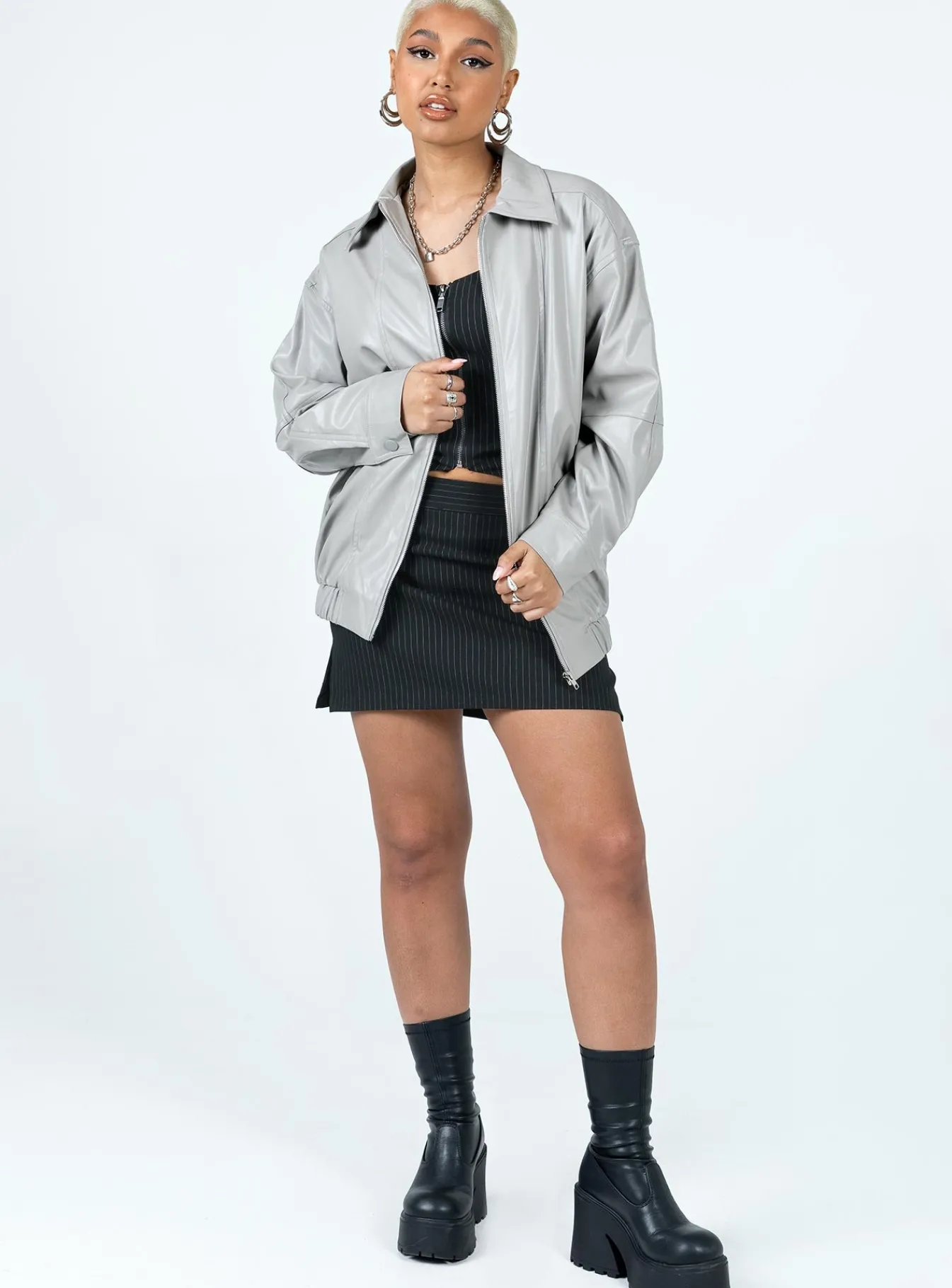 Princess Polly Braelynn Faux Leather Bomber Jacket Grey Clearance