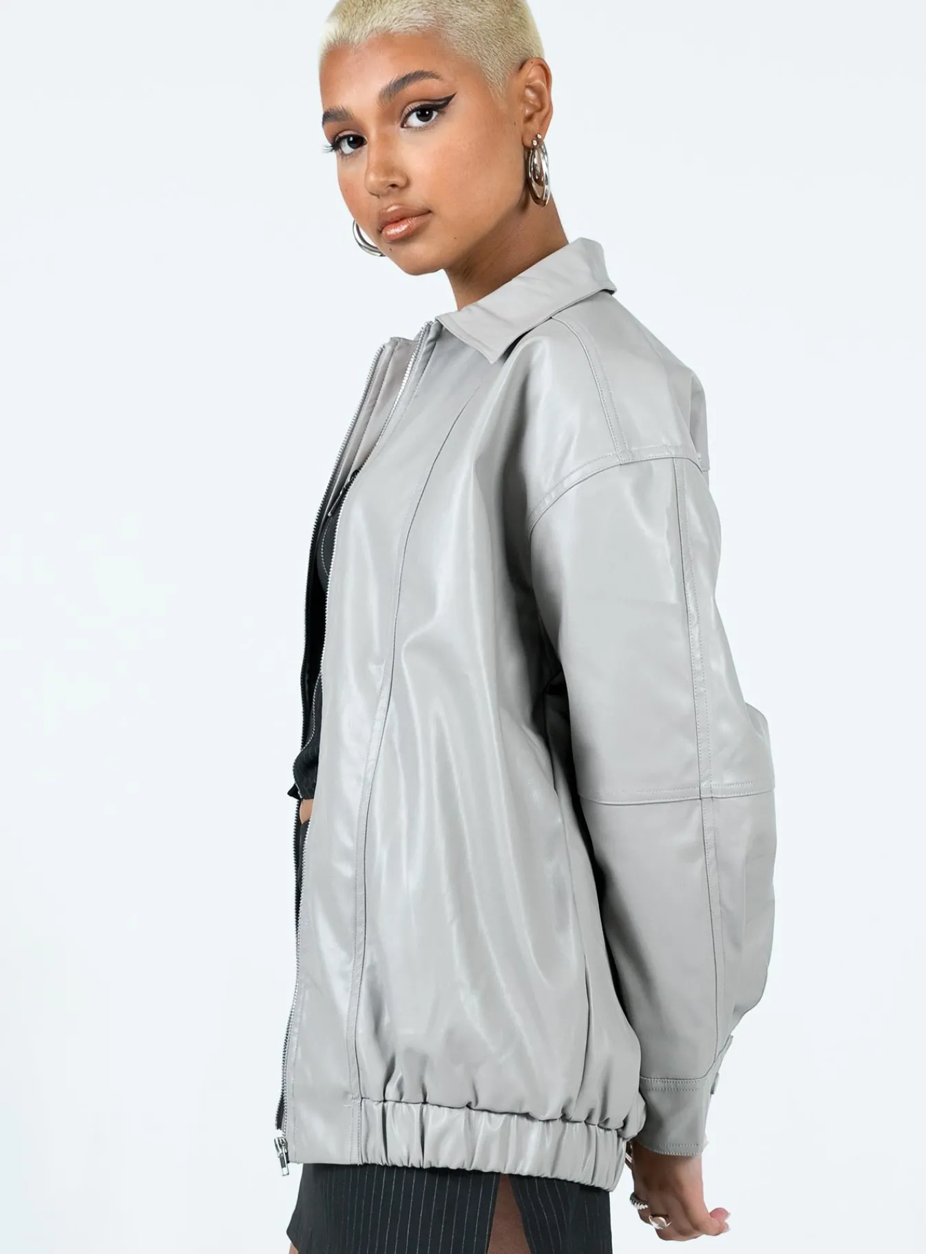 Princess Polly Braelynn Faux Leather Bomber Jacket Grey Clearance