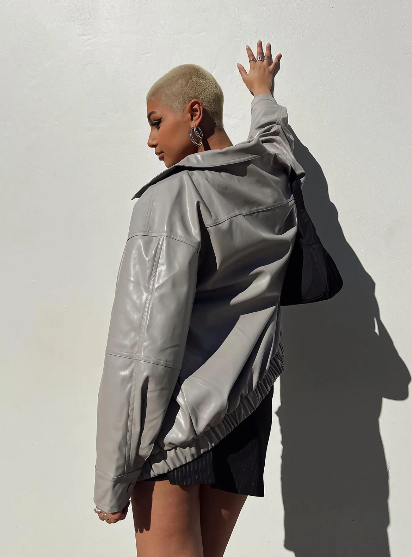 Princess Polly Braelynn Faux Leather Bomber Jacket Grey Clearance