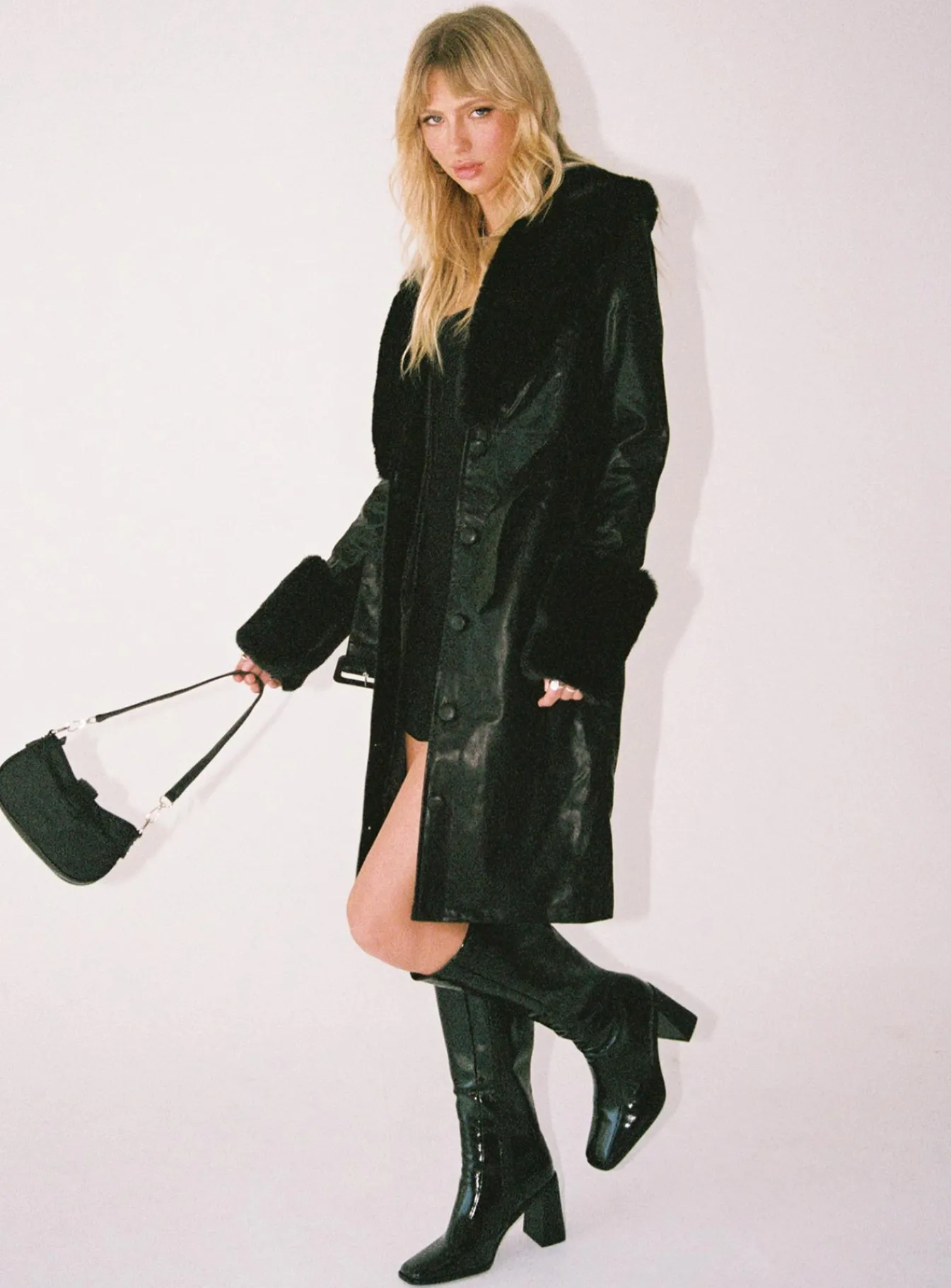 Princess Polly Brooklyn Faux Leather Long Coat Black Clearance
